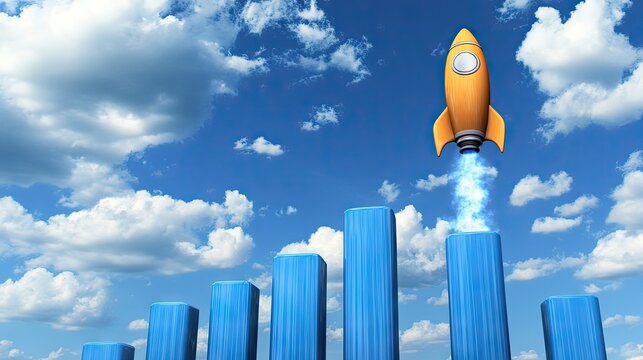 Bright rocket launching upward past progress bars.