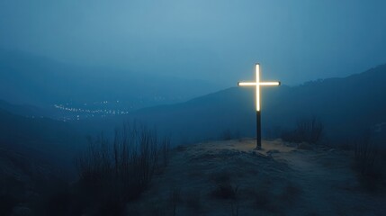 Illuminated Cross on Mountaintop at Night