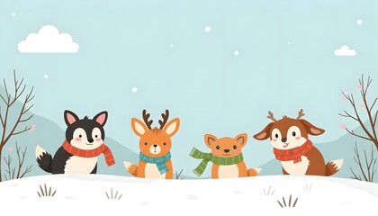 Naklejka premium Cute Animals in Winter Scarves Cartoon Illustration Background
