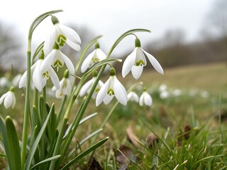 A snowdrop flowers growing among green grass. A bunch of white flowers with green leaves are in field. The flowers are in full bloom and are scattered throughout the field.