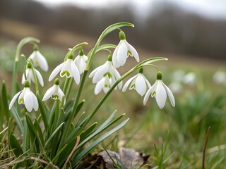 A snowdrop flowers growing among green grass. A bunch of white flowers with green leaves are in field. The flowers are in full bloom and are scattered throughout the field.