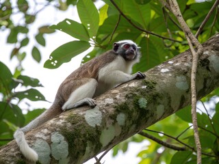Fototapeta premium Silvery brown bare face tamarin white footed tamarin resting on tree trunk. A monkey is sitting on a tree branch. The monkey is brown and white.