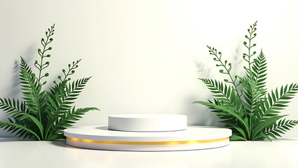 White Product Display Stand with Lush Green Foliage