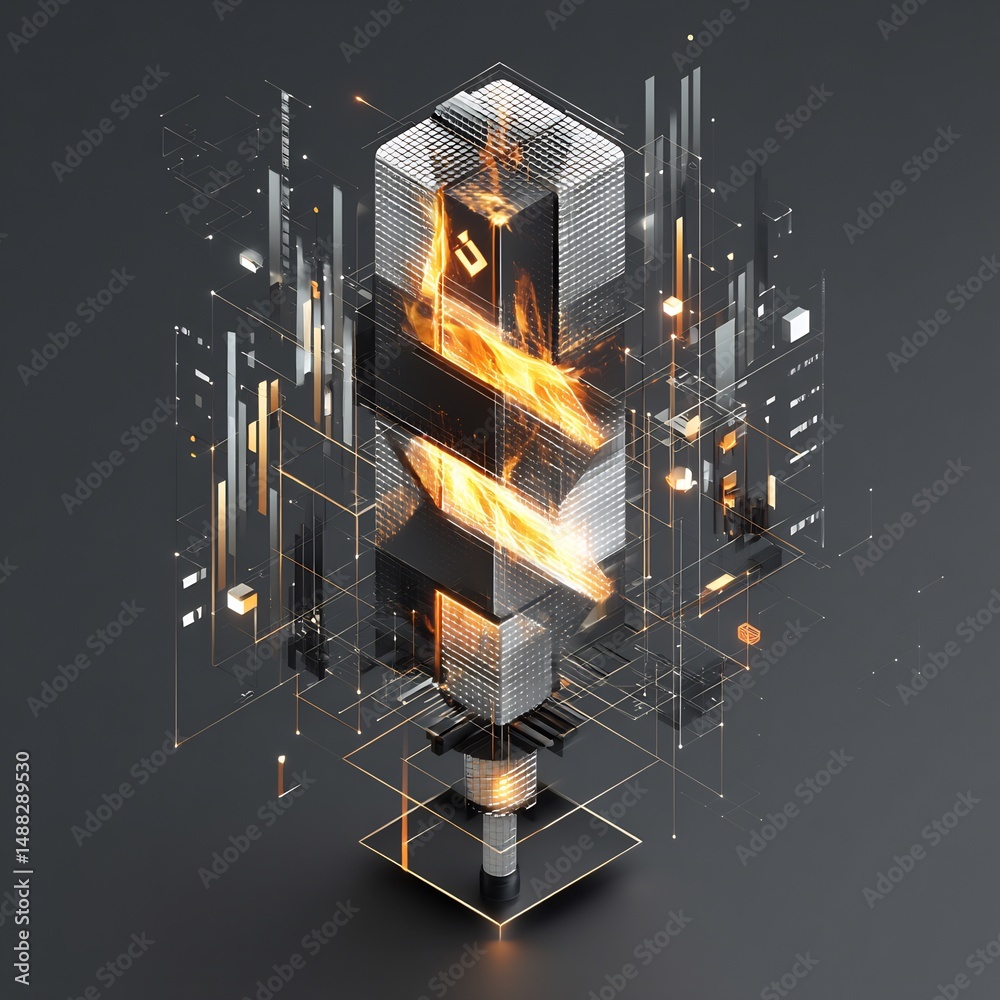 Poster abstract rendering with glowing geometric elements and fire simulation concept