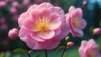A vertical image of lovely pink flowers blossoming in the garden