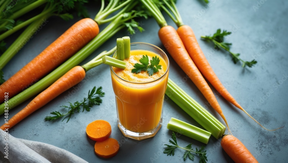 Poster Flat lay of a delicious carrot juice in a glass accompanied by celery sticks on a table. Area for text