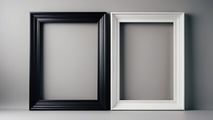 Black wooden frame and white photo frame separated on background.