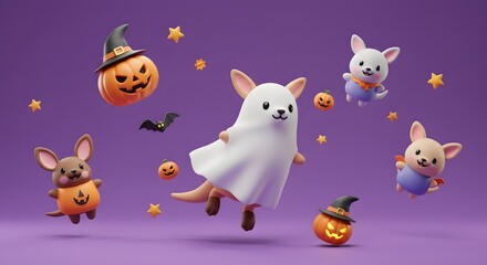 Naklejka premium Ghost costume kangaroo floating playfully with other cute Halloween creatures with spooky themes and festive elements