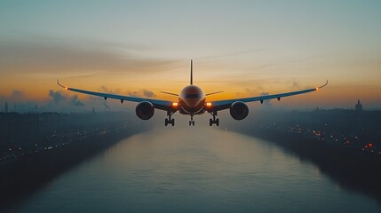 Obraz premium Airplane landing over river at sunrise
