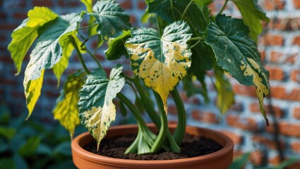 Leaf damage from cucumber mosaic virus on a plant in a UK garden