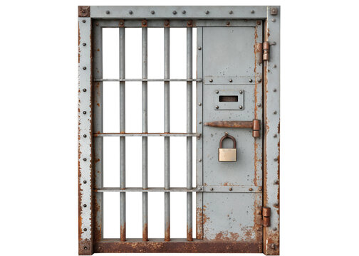 A metal prison cell door with bars isolated on transparent background. A metal door with bars and a lock is shown. The bars are rusted and the lock is also rusted.