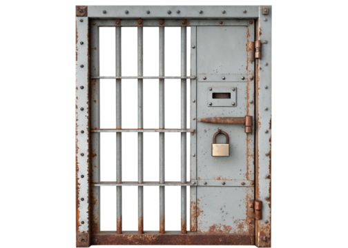 A metal prison cell door with bars isolated on transparent background. A metal door with bars and a lock is shown. The bars are rusted and the lock is also rusted.