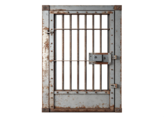 A metal prison cell door with bars isolated on transparent background. A metal door with bars and a lock is shown. The bars are rusted and the lock is also rusted.