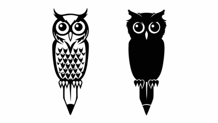Two owl illustrations one outlined and one solid black both with pencil bodies on a white background editable vector eps/eps