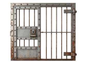 A metal prison cell door with bars isolated on transparent background. A metal door with bars and a lock is shown. The bars are rusted and the lock is also rusted.
