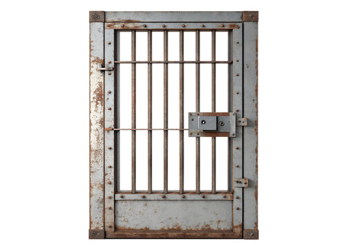 A metal prison cell door with bars isolated on transparent background. A metal door with bars and a lock is shown. The bars are rusted and the lock is also rusted. - Powered by Adobe
