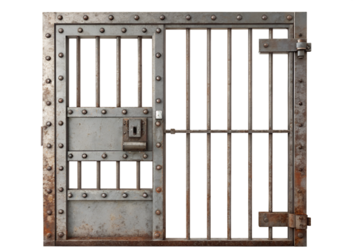 A metal prison cell door with bars isolated on transparent background. A metal door with bars and a lock is shown. The bars are rusted and the lock is also rusted. - Powered by Adobe