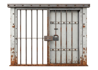 A metal prison cell door with bars isolated on transparent background. A metal door with bars and a lock is shown. The bars are rusted and the lock is also rusted.