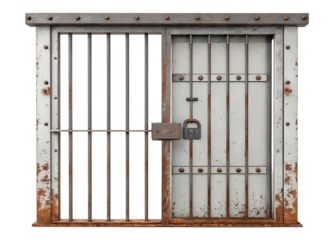 A metal prison cell door with bars isolated on transparent background. A metal door with bars and a lock is shown. The bars are rusted and the lock is also rusted.