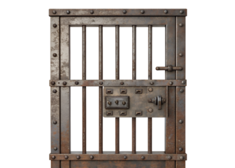 A metal prison cell door with bars isolated on transparent background. A metal door with bars and a lock is shown. The bars are rusted and the lock is also rusted.