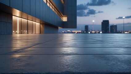 View from above of a vacant concrete floor adjacent to contemporary architecture. Nighttime ambiance. Highly detailed visual representation.