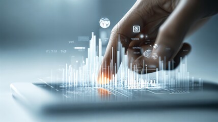 Una mano toca una pantalla digital con gráficos y datos superpuestos, representando tecnología, análisis y conexión.