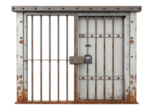 A metal prison cell door with bars isolated on transparent background. A metal door with bars and a lock is shown. The bars are rusted and the lock is also rusted.