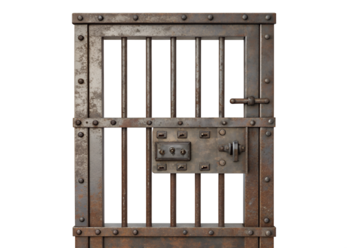 A metal prison cell door with bars isolated on transparent background. A metal door with bars and a lock is shown. The bars are rusted and the lock is also rusted.
