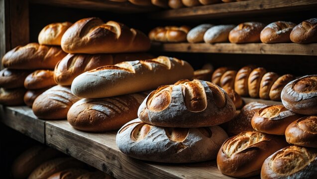 An array of bakery goods including different types of bread. - Powered by Adobe