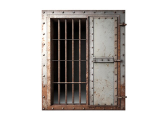 A metal prison cell door with bars isolated on transparent background. A metal door with bars and a lock is shown. The bars are rusted and the lock is also rusted.
