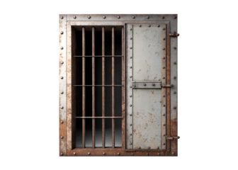 A metal prison cell door with bars isolated on transparent background. A metal door with bars and a lock is shown. The bars are rusted and the lock is also rusted.