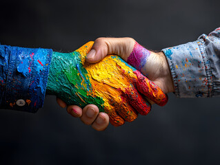 Creative Handshake Covered in Rainbow Paint Representing LGBTQ Unity and Expression