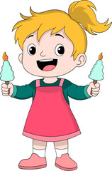 Cartoon Girl Holding Two Birthday Candles in Hands