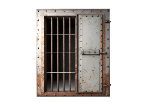 A metal prison cell door with bars isolated on transparent background. A metal door with bars and a lock is shown. The bars are rusted and the lock is also rusted. - Powered by Adobe