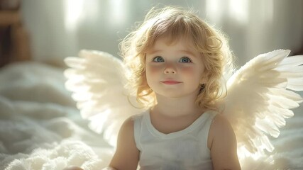 Serene angel child with glowing halo and wings - Powered by Adobe