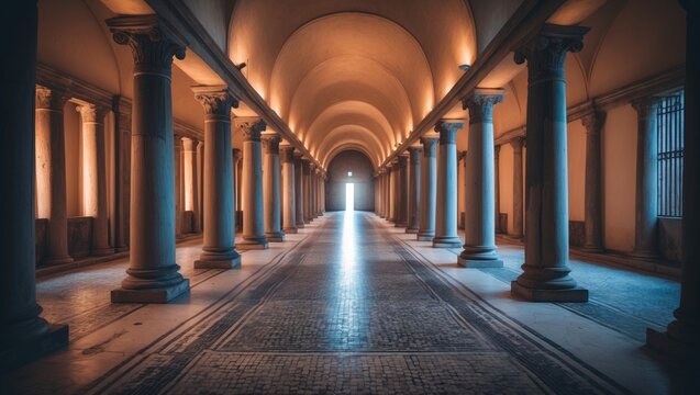 Spacious passageway lined with columns and a vaulted ceiling, exhibiting a mosaic floor and barred windows, instilling a feeling of historical architecture