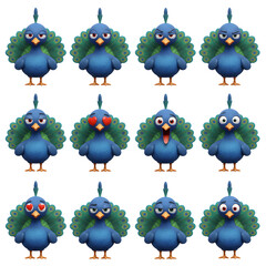 Cartoon peafowl with different expressions set