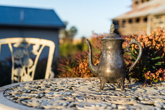 garden quirky decor, old silver teapot