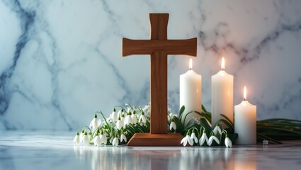 Wooden cross, snowdrop flowers, and candles on a table with an abstract background. A representation of faith in God, Christianity celebration.