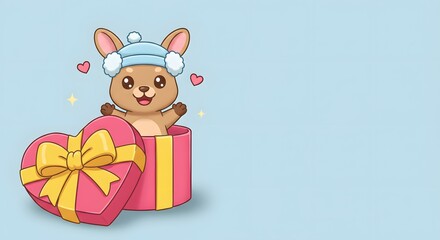 Fototapeta premium Baby kangaroo popping out of a heart-shaped gift box with smiling playfully