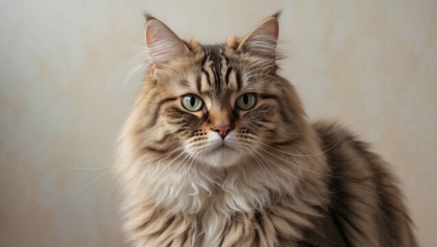 Unkempt aged long-haired female tabby cat staring enigmatically at the camera