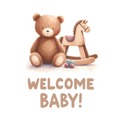 Welcome baby card with plush teddy bear and rocking horse. Baby shower invitation.