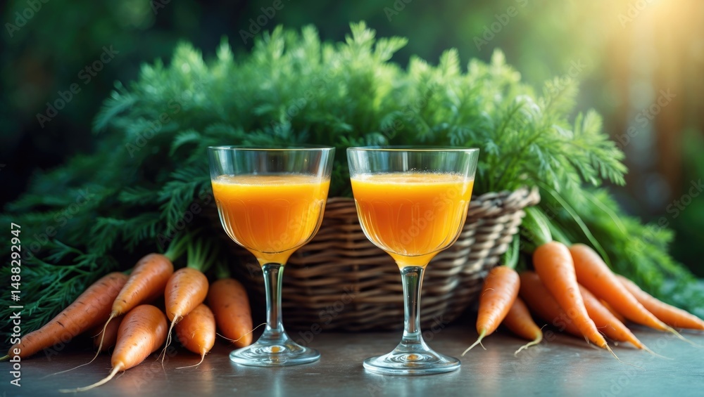 Poster glasses filled with carrot juice and vegetables set against a colorful background
