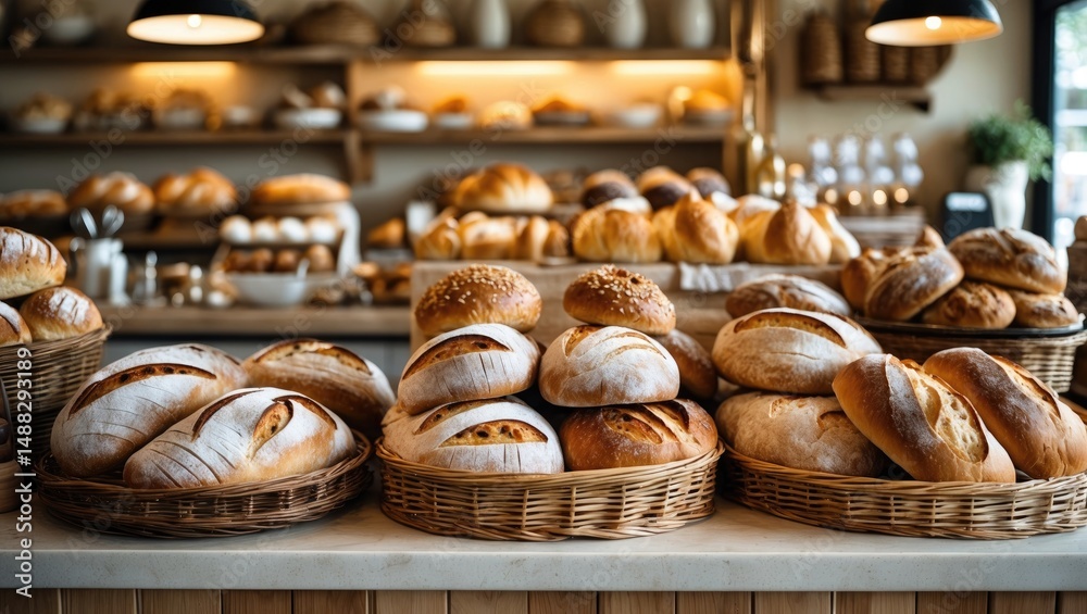 Poster Various types of bread are available on the counter in the bakery.