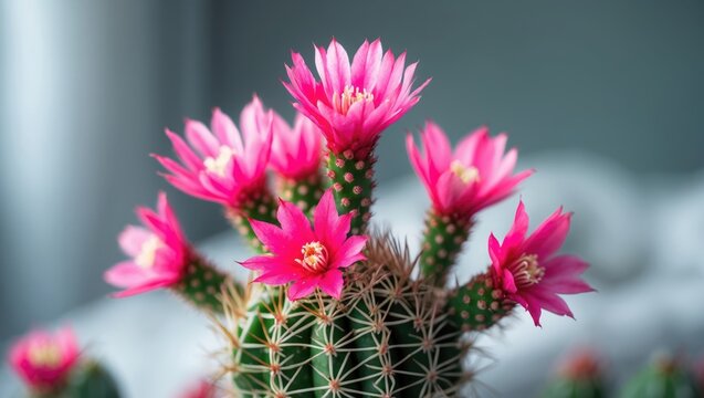 Seasonal pink blossom of zygocactus on a green houseplant background