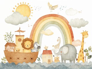Arcoíris, animales, barco, casa, sol, nubes, acuarela, infantil, ilustración.