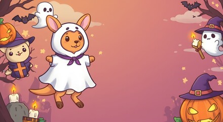 Fototapeta premium Ghost costume cartoon kangaroo floating playfully with other cute Halloween creatures with a cheerful expression wallpapers for festive decor and seasonal celebration