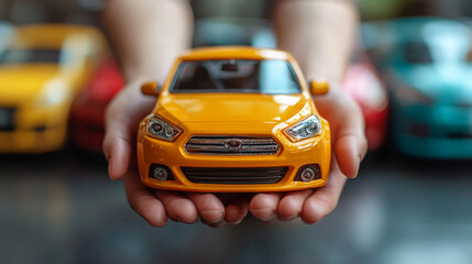 Hands holding toy car, colorful cars background, choosing vehicle