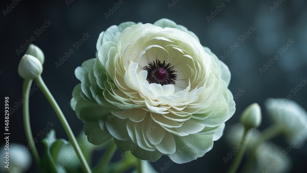 Poster macro image of white ranunculus with intricate petals in pastel colors, highlighted by a dark floral