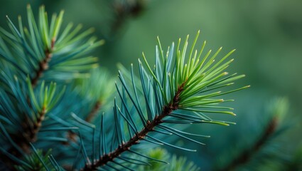 Zoomed-in perspective of conifer needles on a green canvas, emphasizing textures of needles and blue-green branches